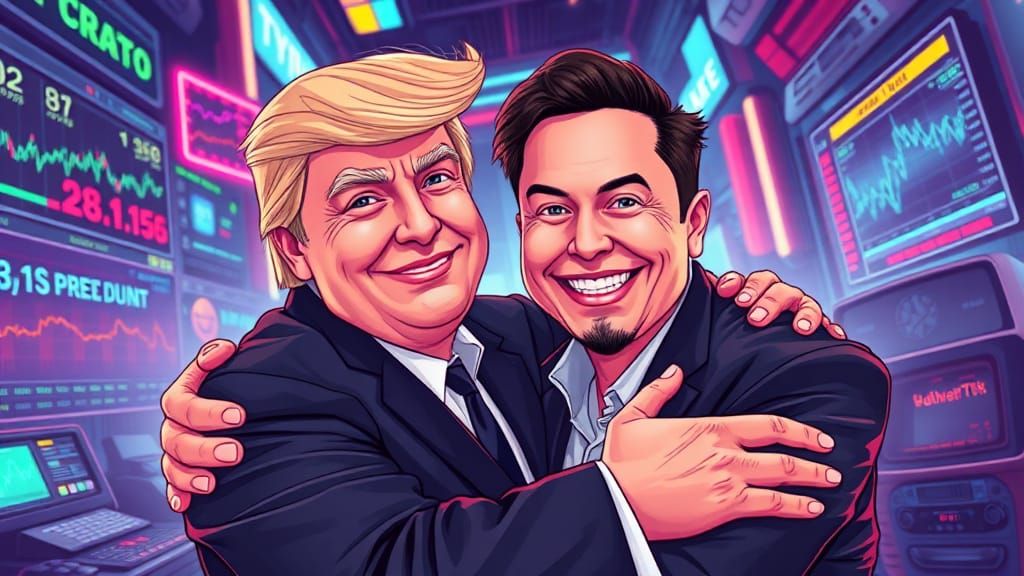 Donald Trump and Elon Musk Embrace in Pop Art Style