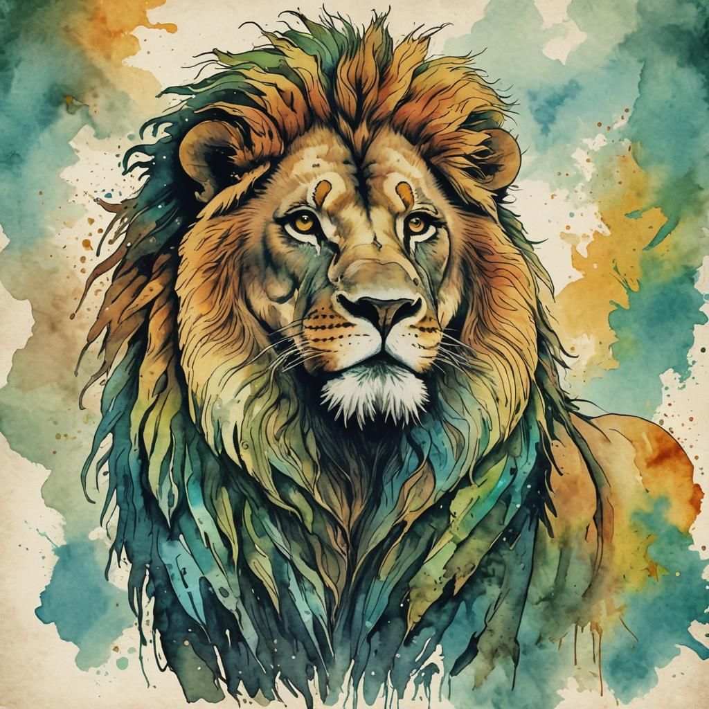 Rastafarian Lion Hand-Drawn in Watercolor