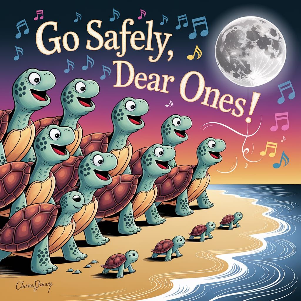 Cartoon Turtles' Beachside Lunar Lullaby