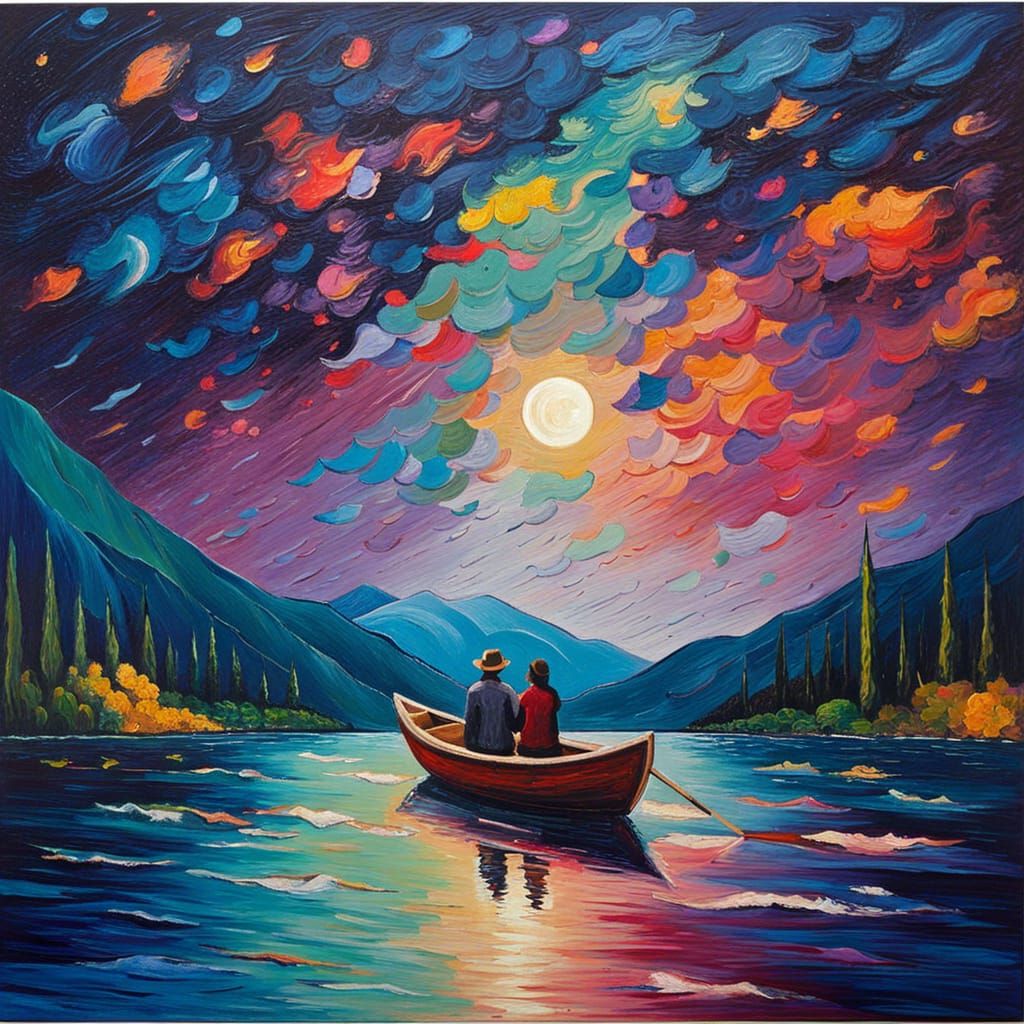 Couple in a boat on a lake at night