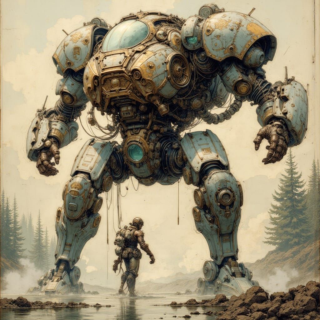 Detailed Mech Pilot in Tribal Armor with Clockwork Machinery