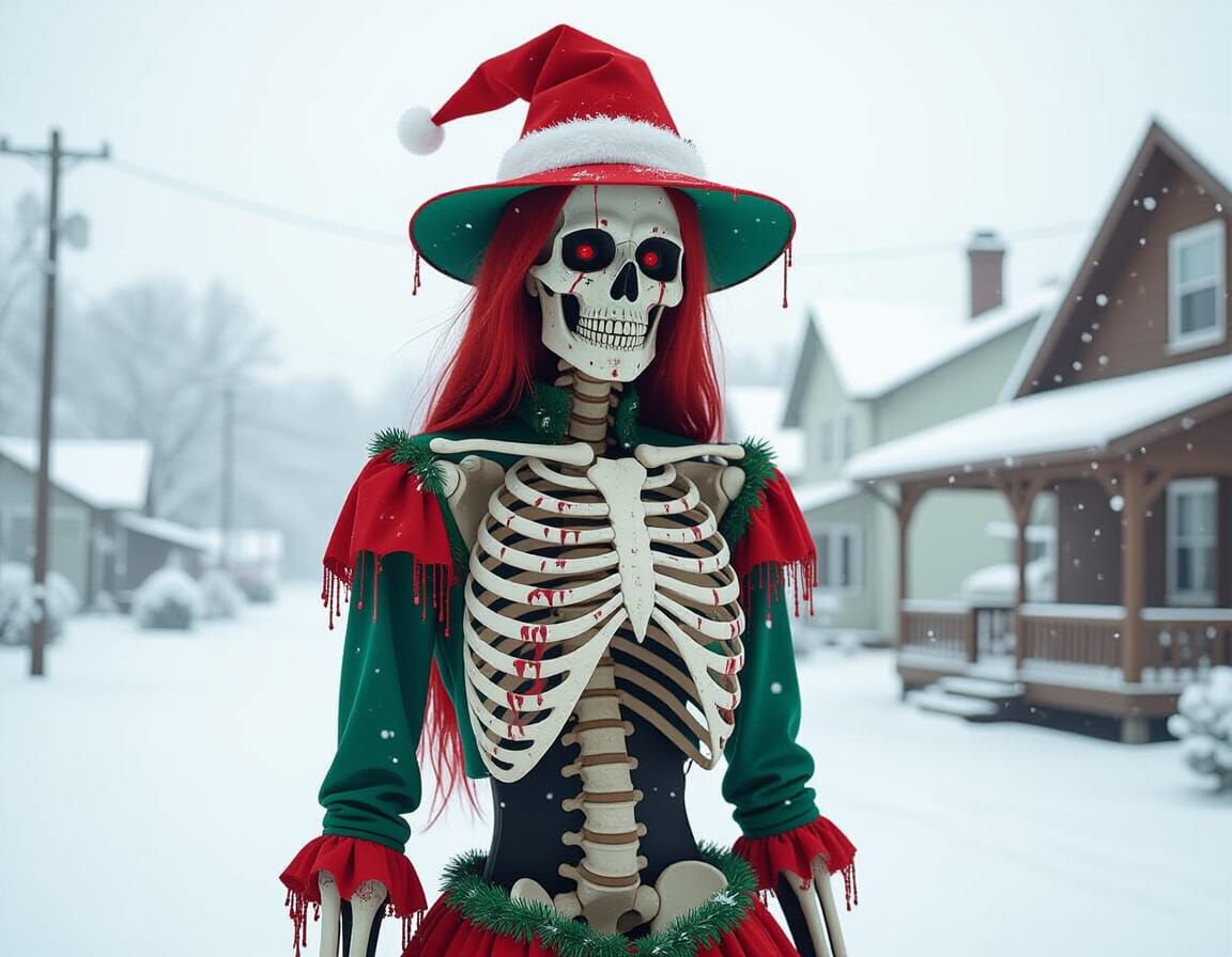 Scared Skeleton with Christmas Decorations, Horror Glitch St...