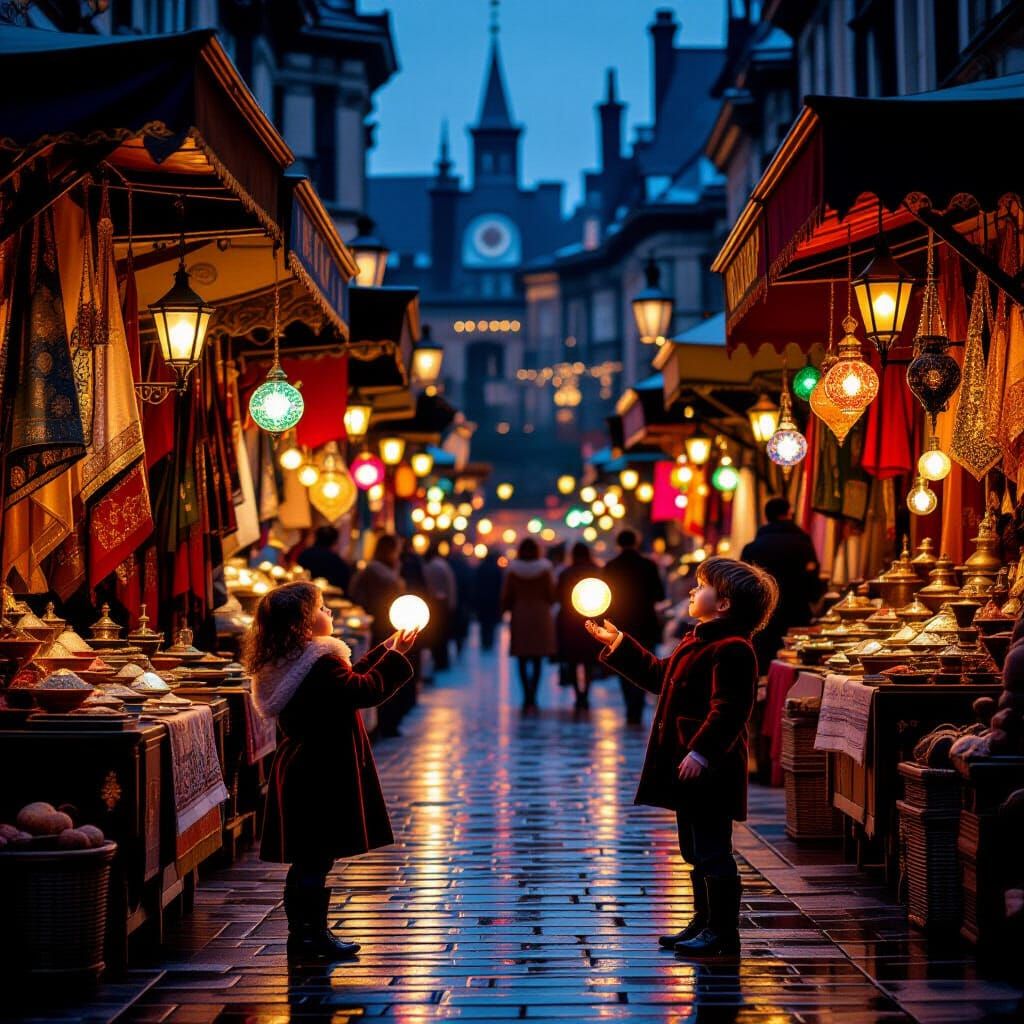 Victorian Twilight Market Scene with Child and Performer