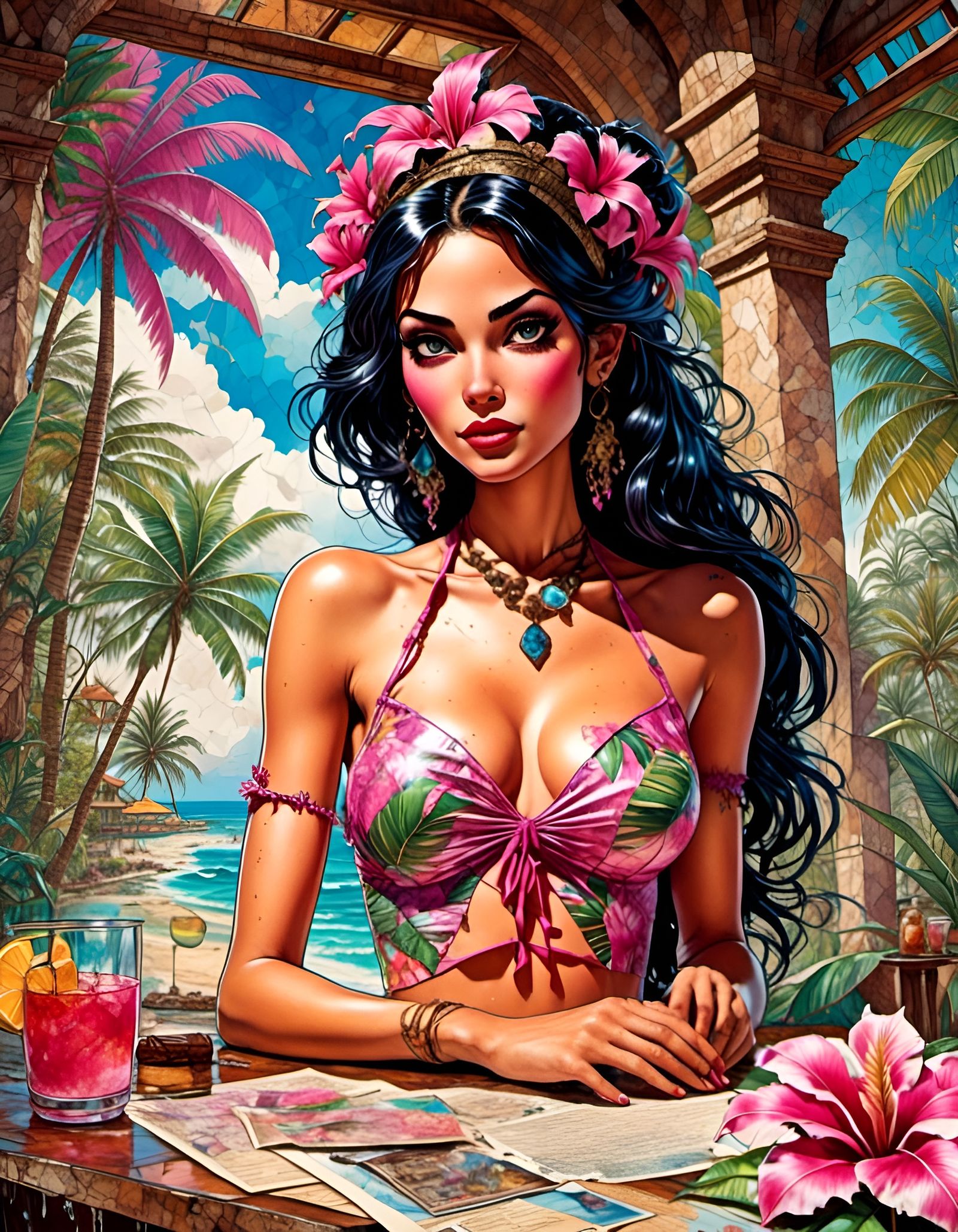 Tropical Hawaiian Girl in Lush Resort Spa