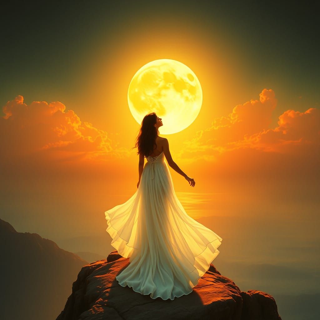 Woman Contemplates Moonrise in Art Nouveau Style