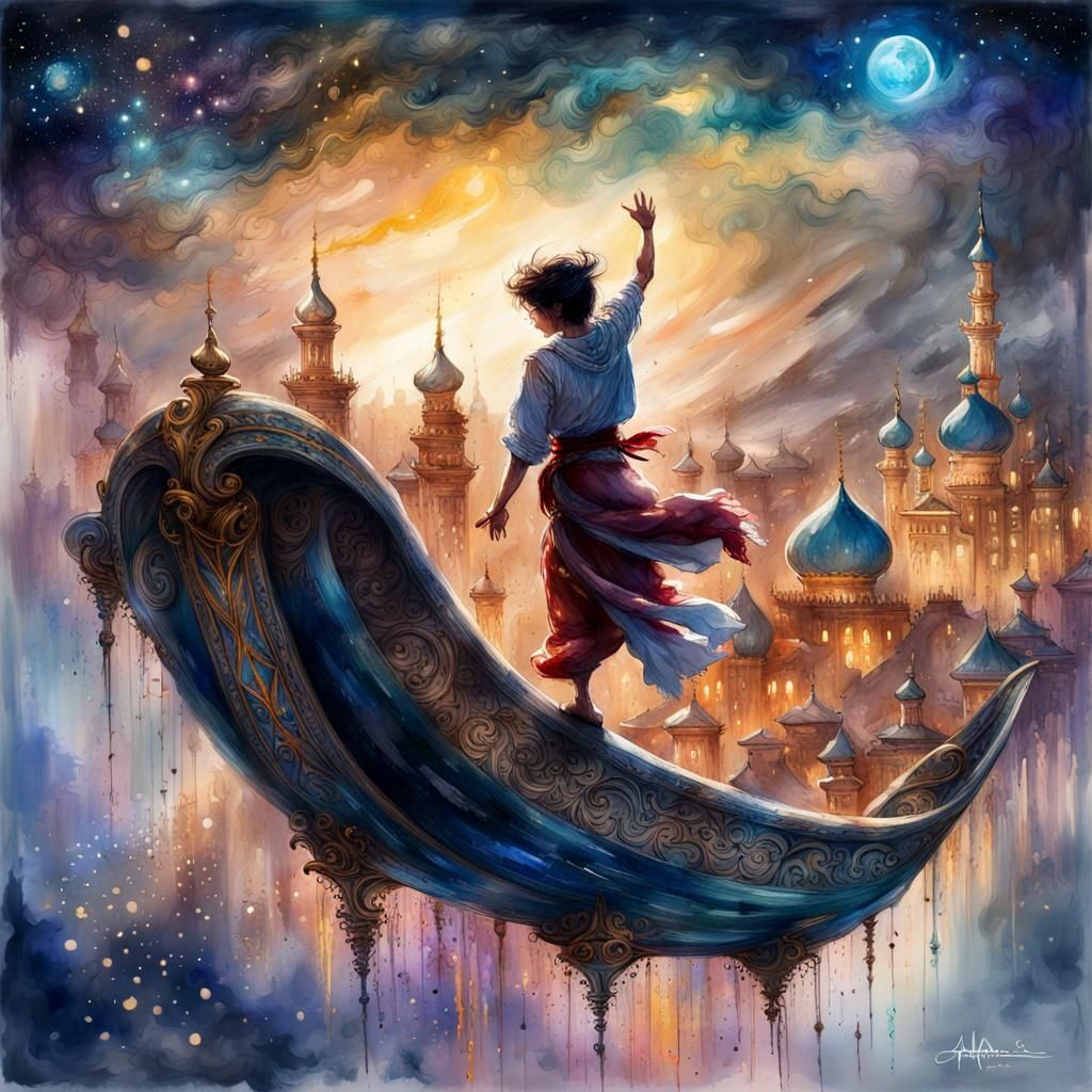 Aladdin soaring through the night sky on his magic carpet