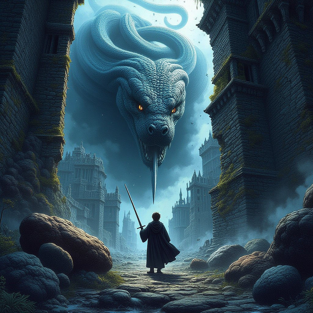 Wizard vs Basilisk in Fantasy Concept Art