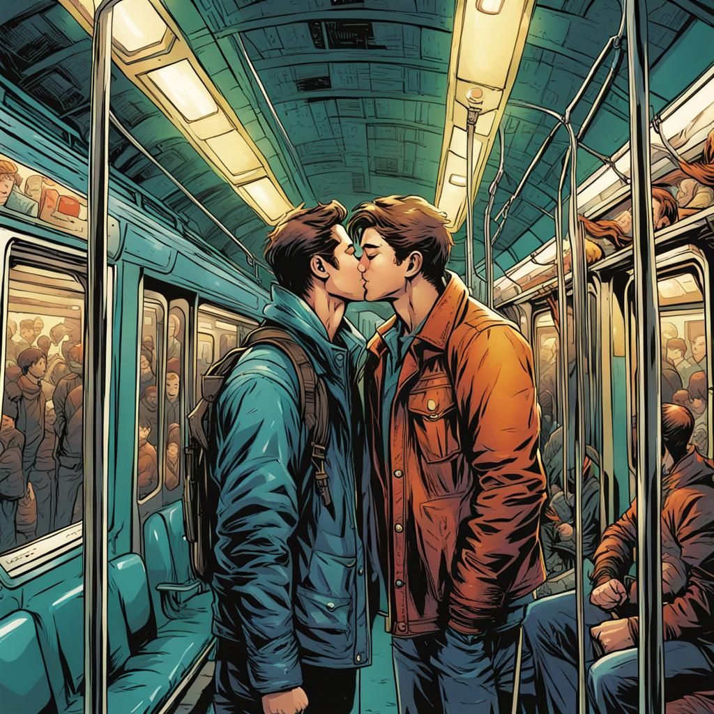 Young Men Kiss in Comic Book Style