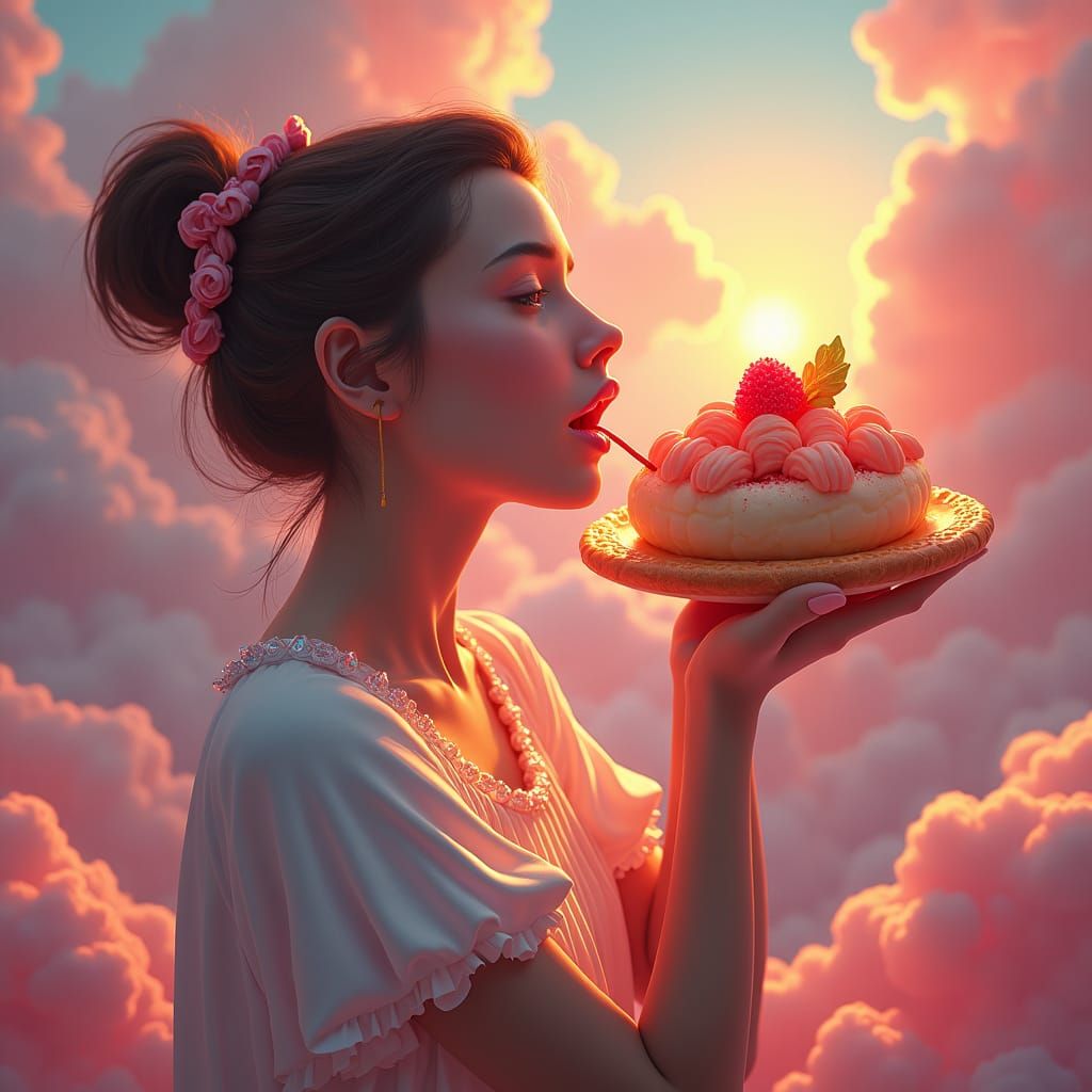 Woman Enjoys Glowing Dessert in Matte Painting Style