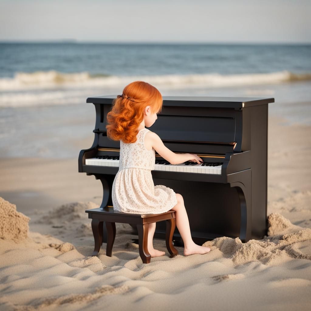 Ginger Girl Plays Piano on Beach