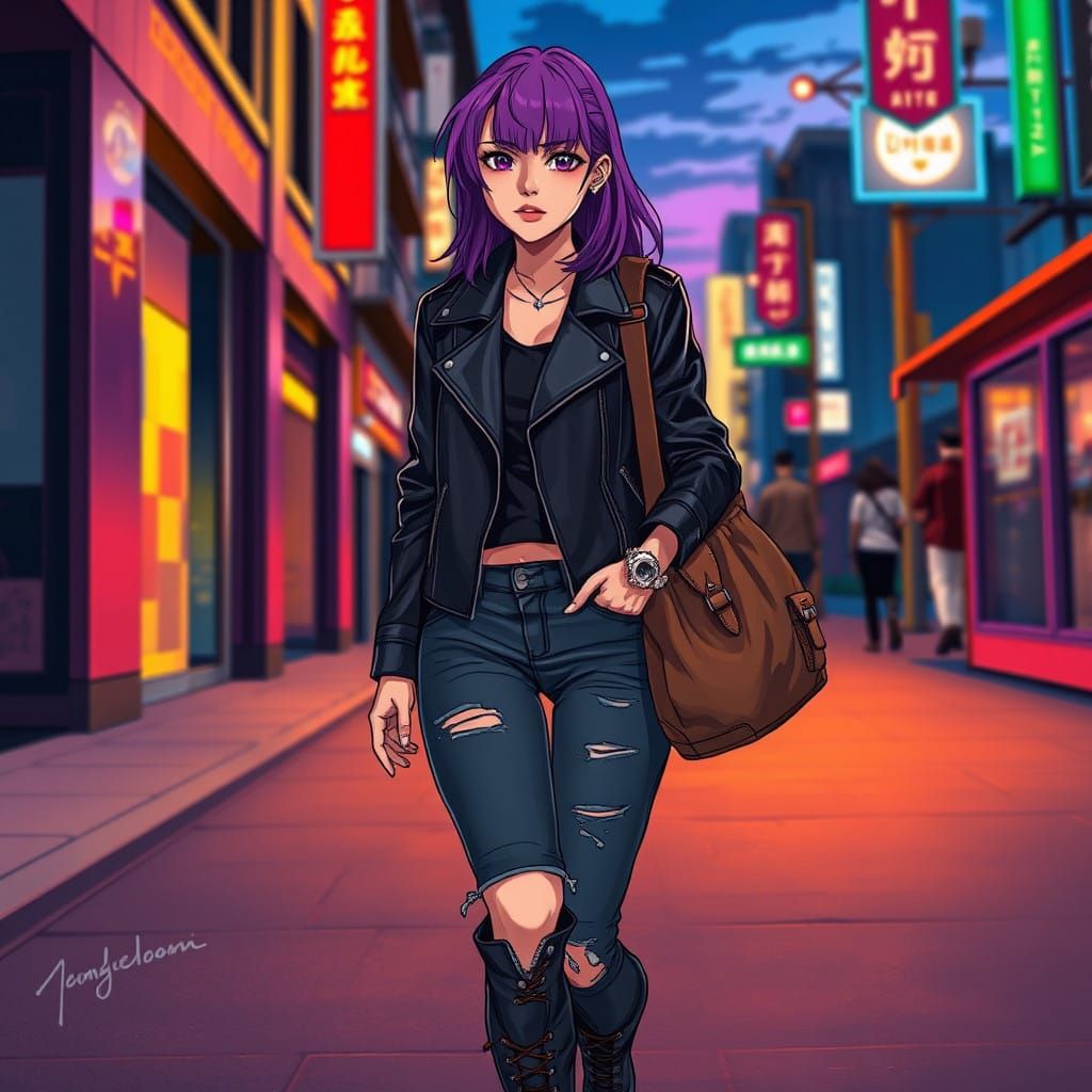 Vibrant Violet-Haired Woman Walks City Streets
