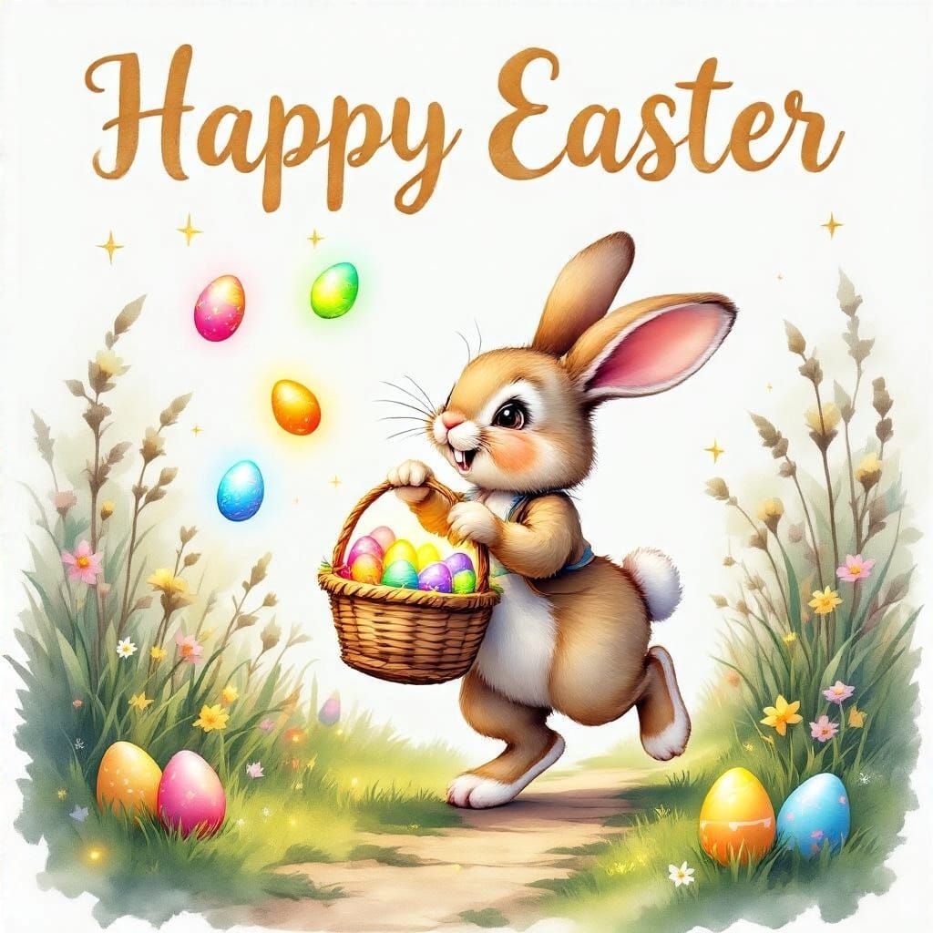 Vibrant Watercolour Easter Bunny Hops Through Whimsical Gard...