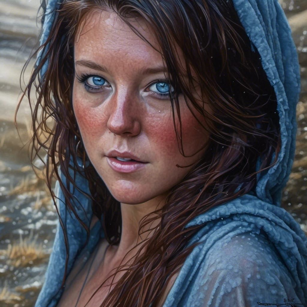 Wet Haired Woman in Digital Realistic Style