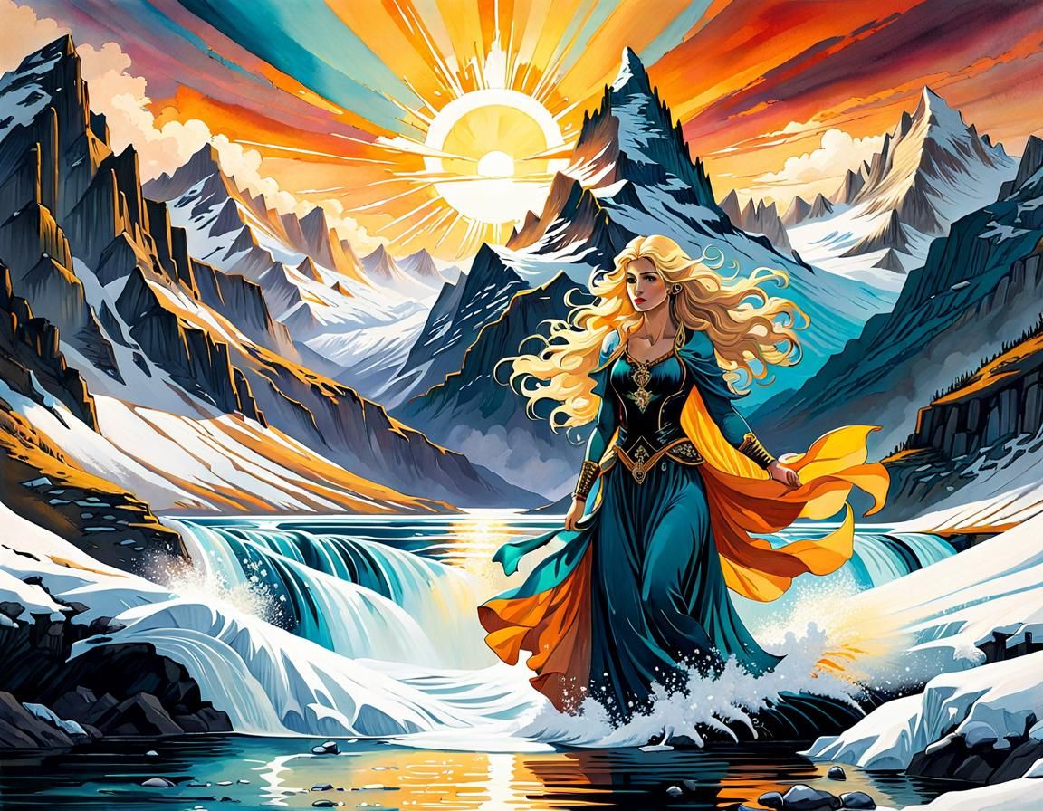 Mystical Nordic Sun Goddess Rising from Water