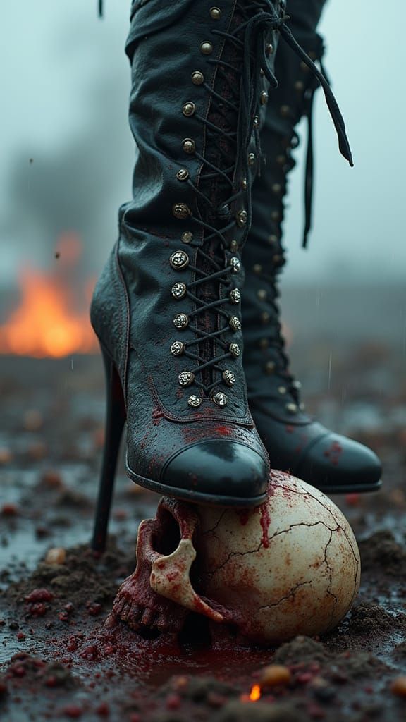 Blood-Stained Boot Crushes Skull on Battlefield