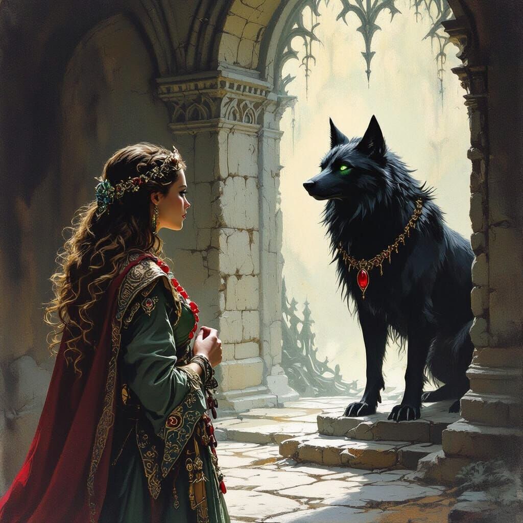 Medieval Woman and Wolf Before Ancient Throne