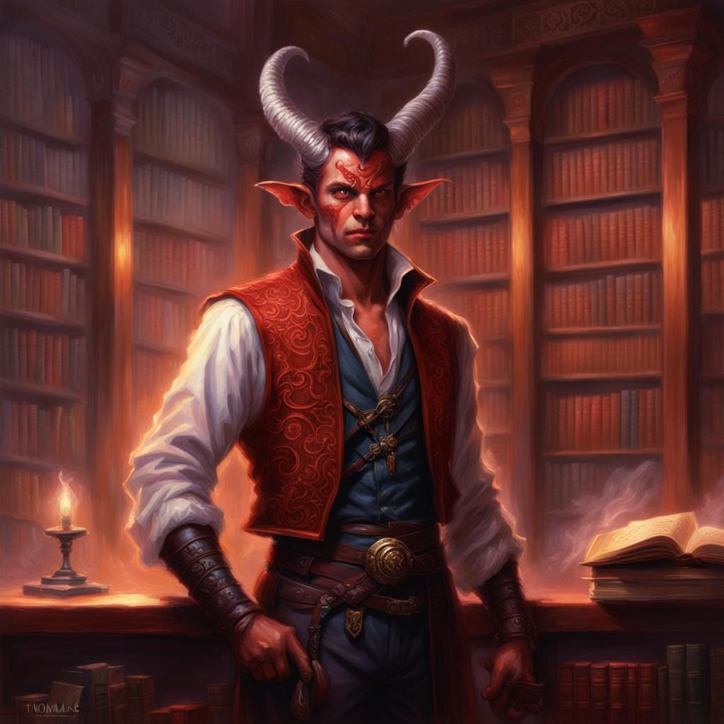 Handsome Tiefling Warlock in Library, Ethereal Fantasy Style