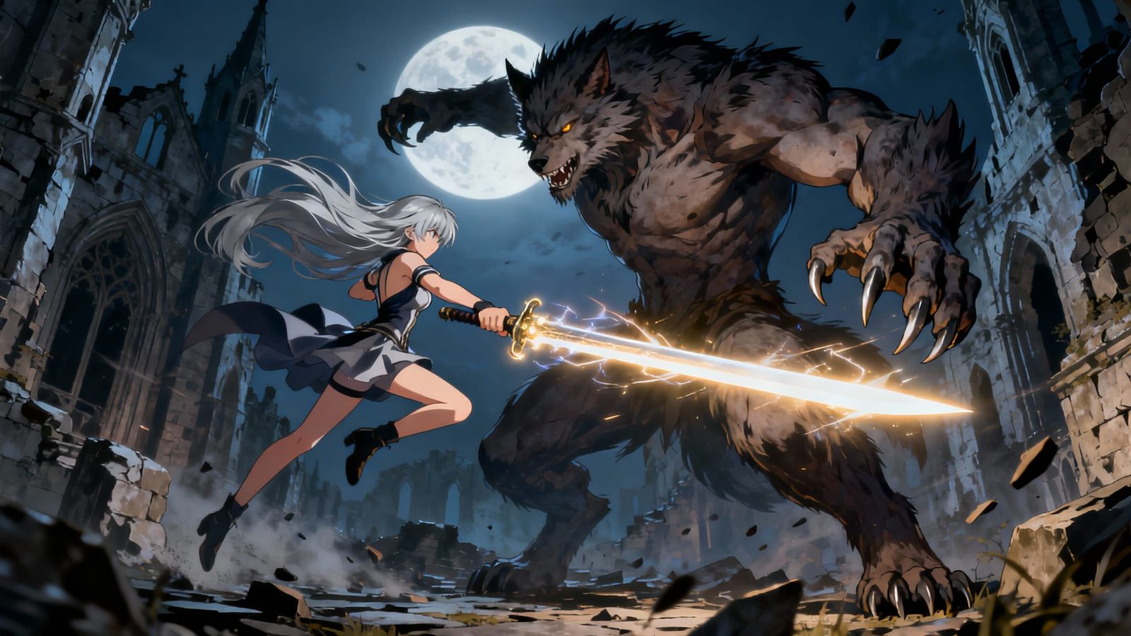 Anime Girl Fights Werewolf in Castle Ruins
