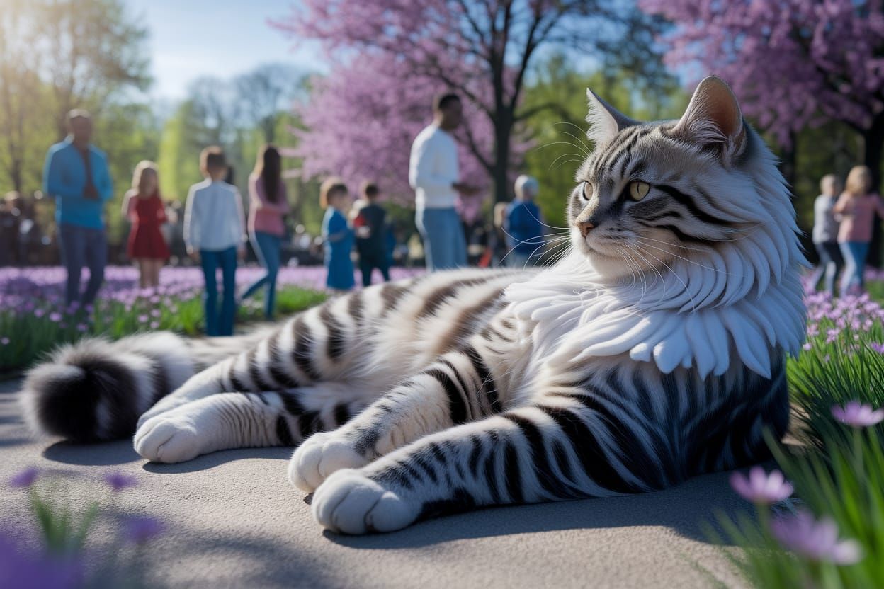 Colossal Cat Lounging in a Vibrant Park