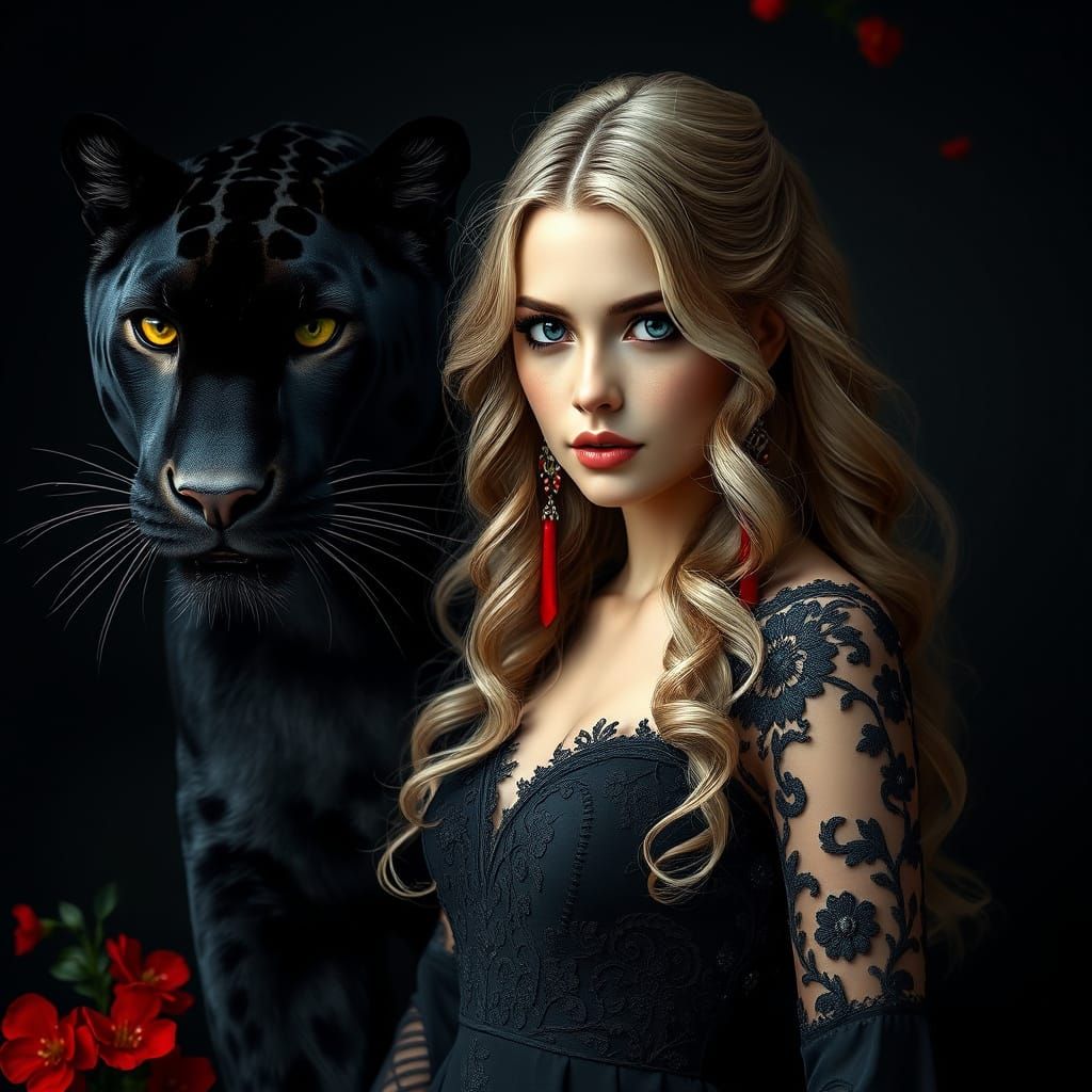 Mysterious Woman with Majestic Panther in Hyper-Realistic Po...