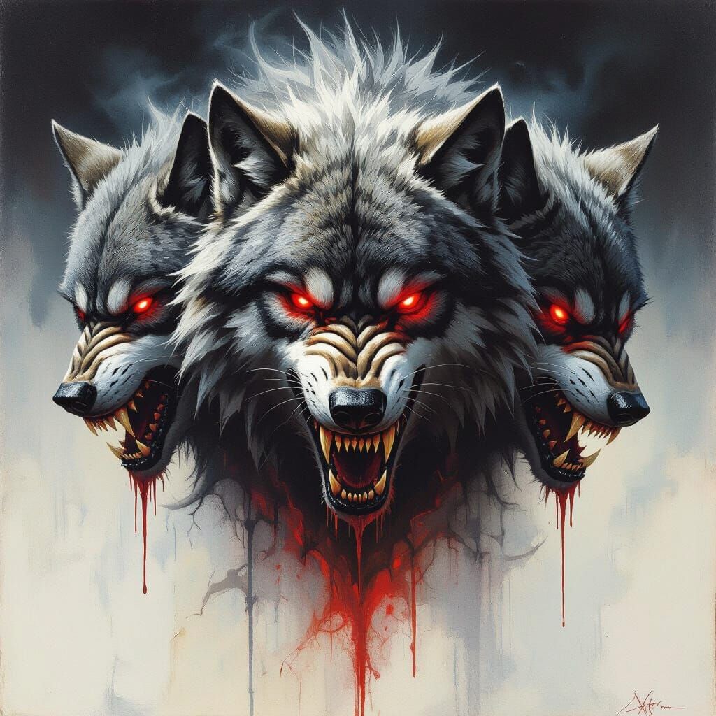 Three-Headed Wolf in Dark Biomechanical Fantasy Style