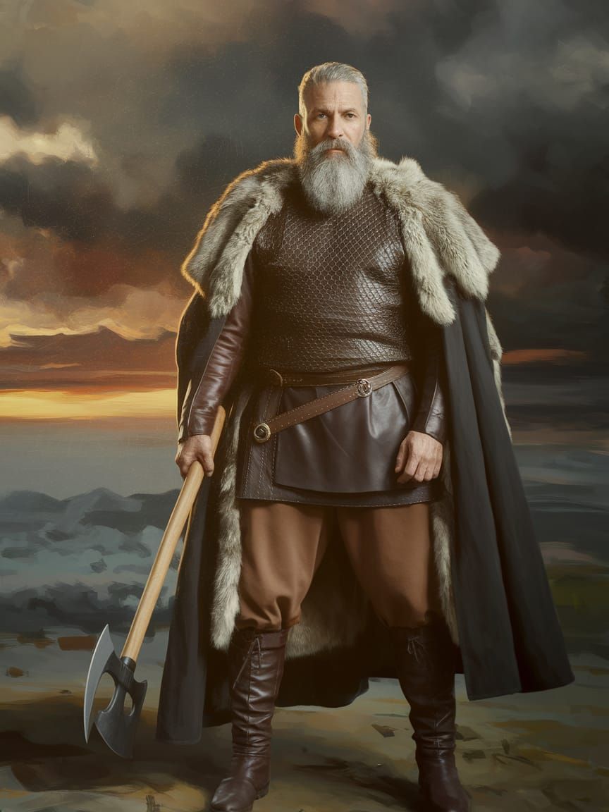 Viking Warrior with Axe Under Stormy Sky