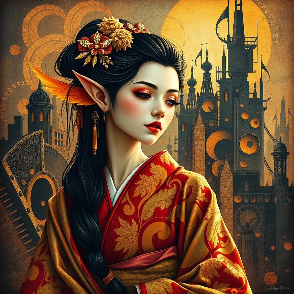 Geisha Fairy Elf in Kimono with Dystopian Art Deco Backgroun...