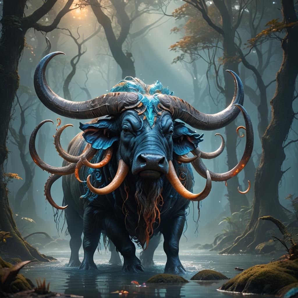 Water Buffalo-Octopus Hybrid in Mystical Forest, Unreal Engi...