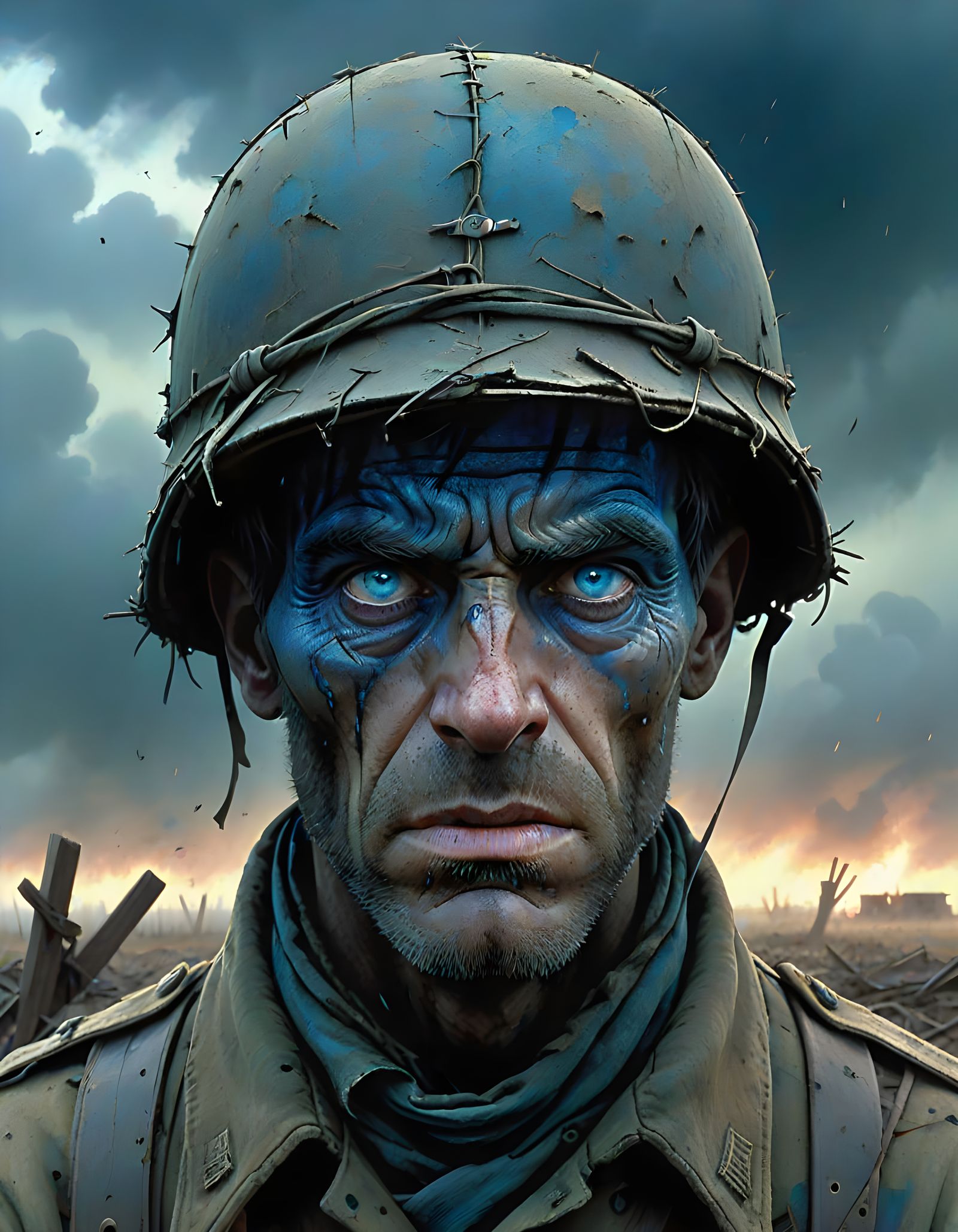 War-Weary Soldier in a Desolate Battlefield