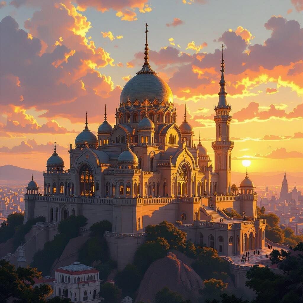 Majestic Fortress-Palace at Sunset: A Digital Masterpiece