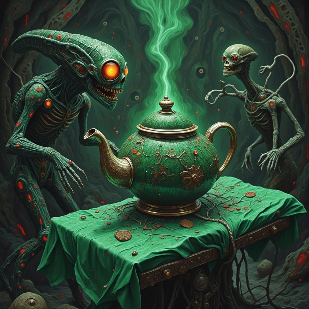 Terrified Teapot Under Alien Attack in Neon Glitch Style