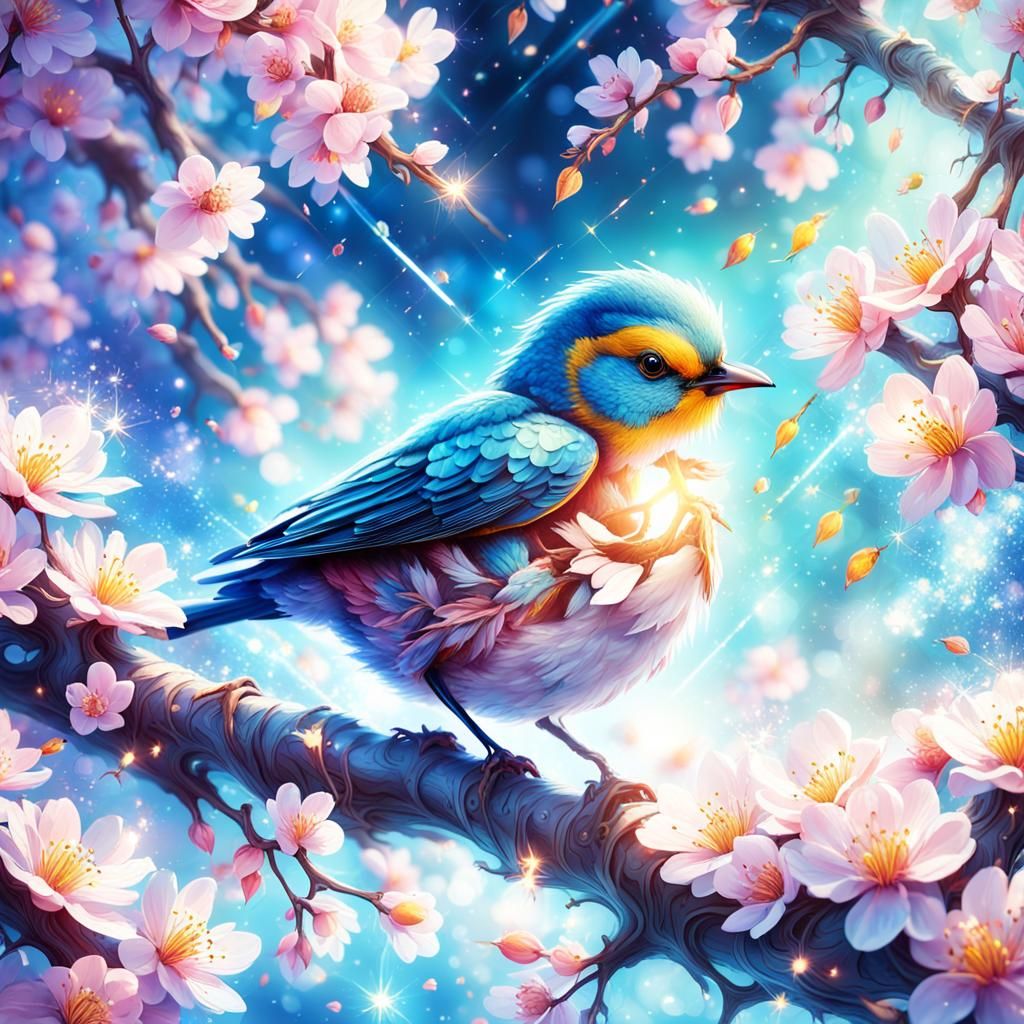Bird on Blooming Branch in Fantasy Illustration