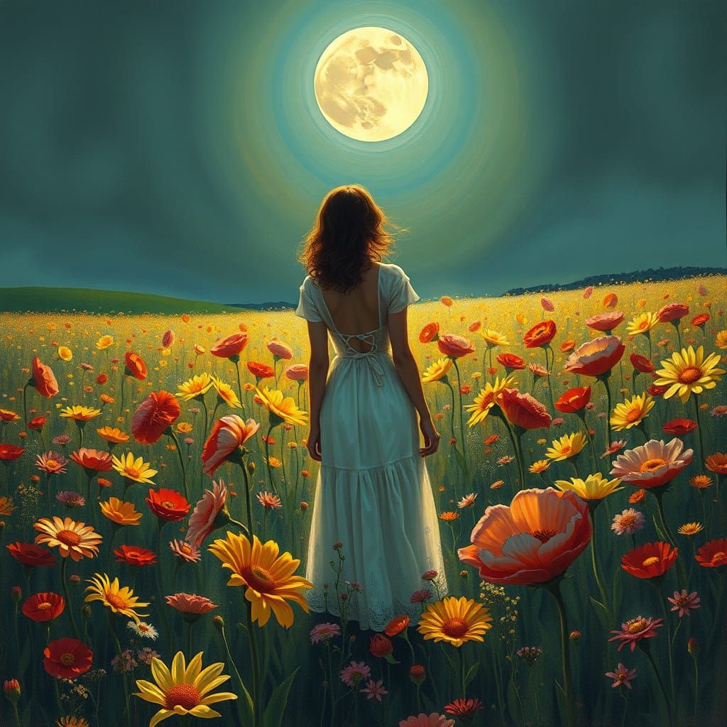 Floral Moonlit Field in Art Nouveau Style