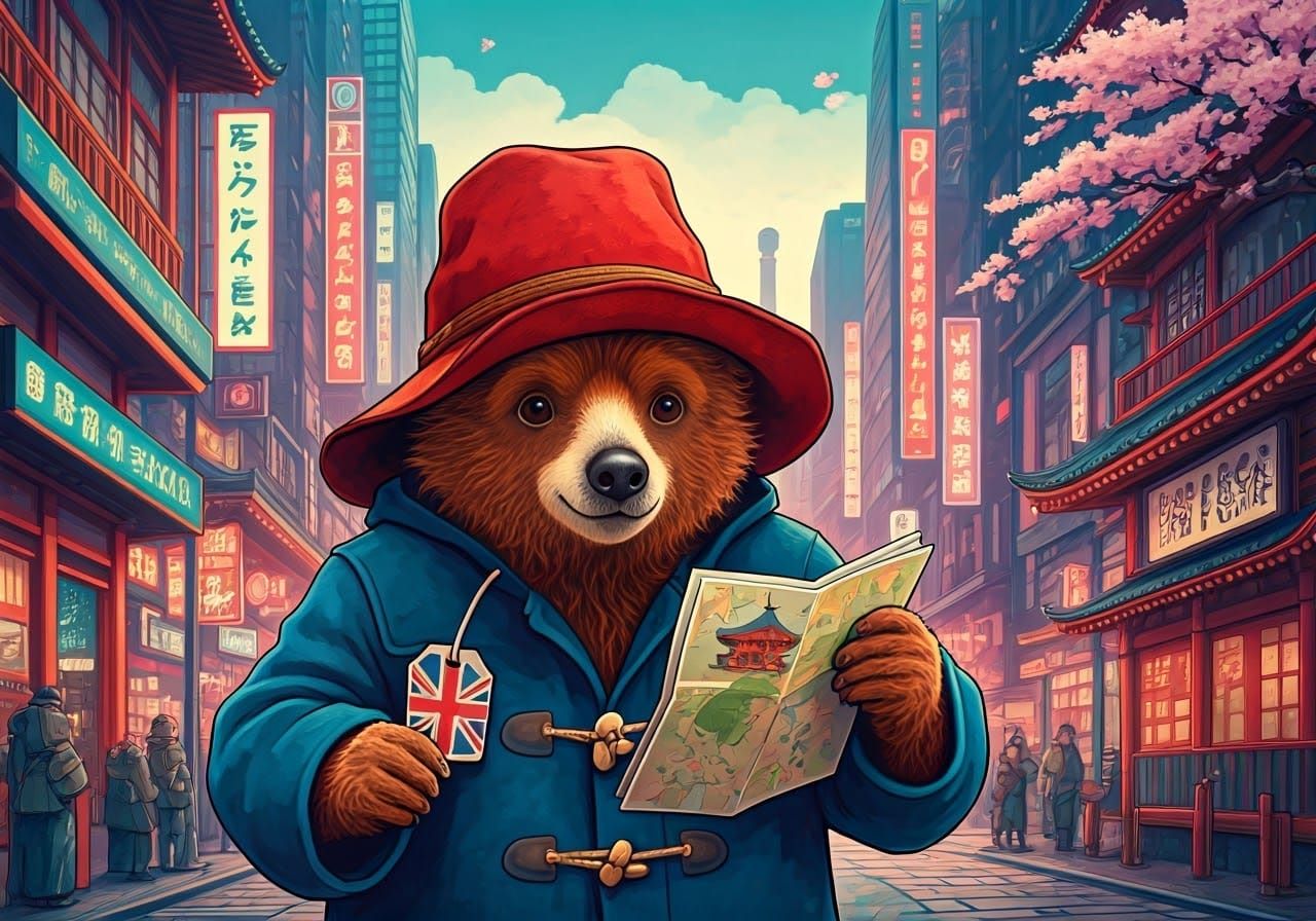 Paddington Bear Sightseeing in Tokyo: Whimsical Poster Art