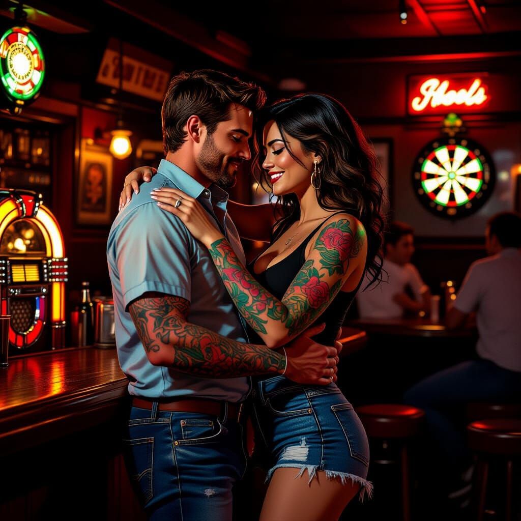 Couple Dancing in Dim Bar, Hyper-Realistic Style