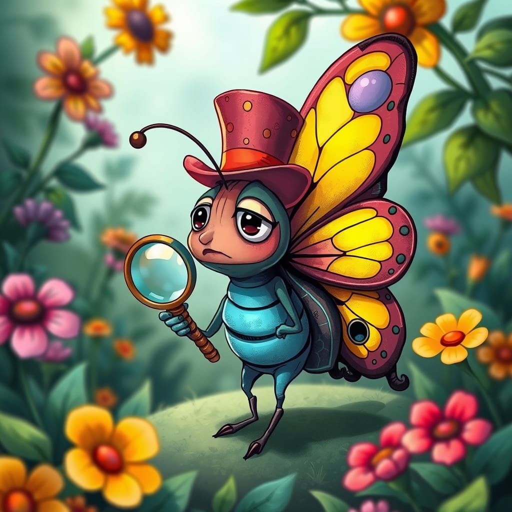 Confused Butterfly in Whimsical Garden, Cartoon Style