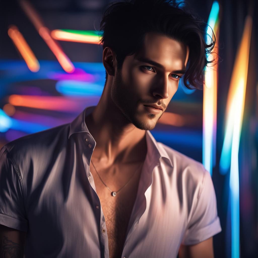 Enchanting Mysterious Artist with Neon Lighting