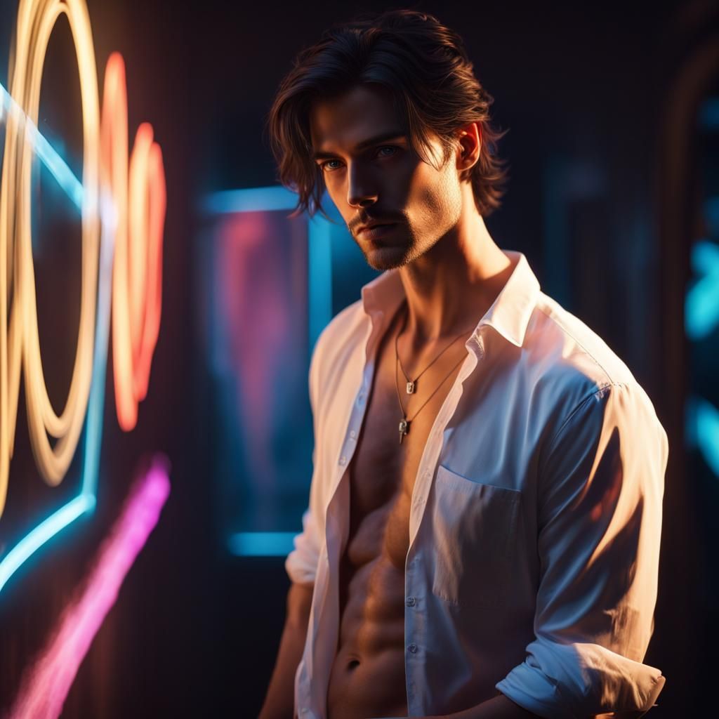 Enchanting Mysterious Artist in Neon God Rays