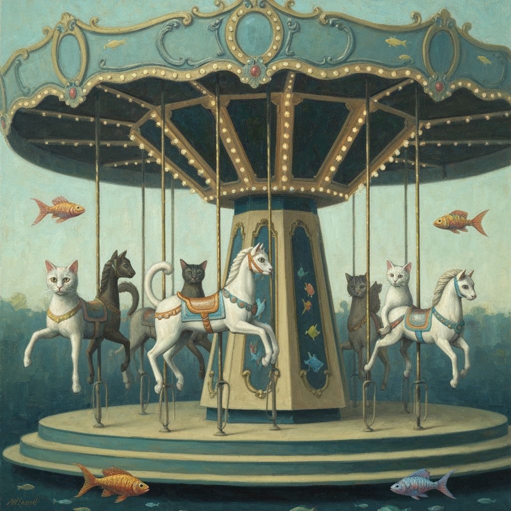 Whimsical Cat and Fish Carousel in Surreal Style