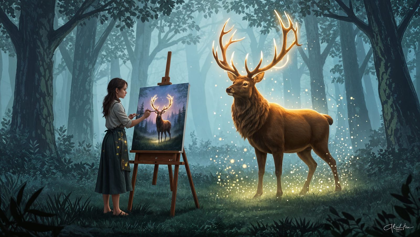 Mystical Forest Encounter in Vibrant Painterly Style