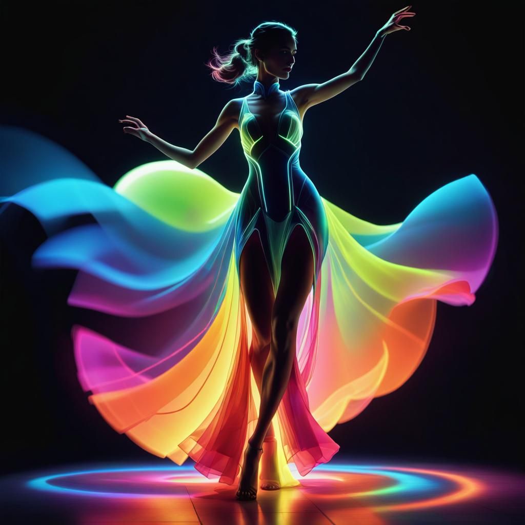 Scintillating Woman Dancing with Fluorescent Lights