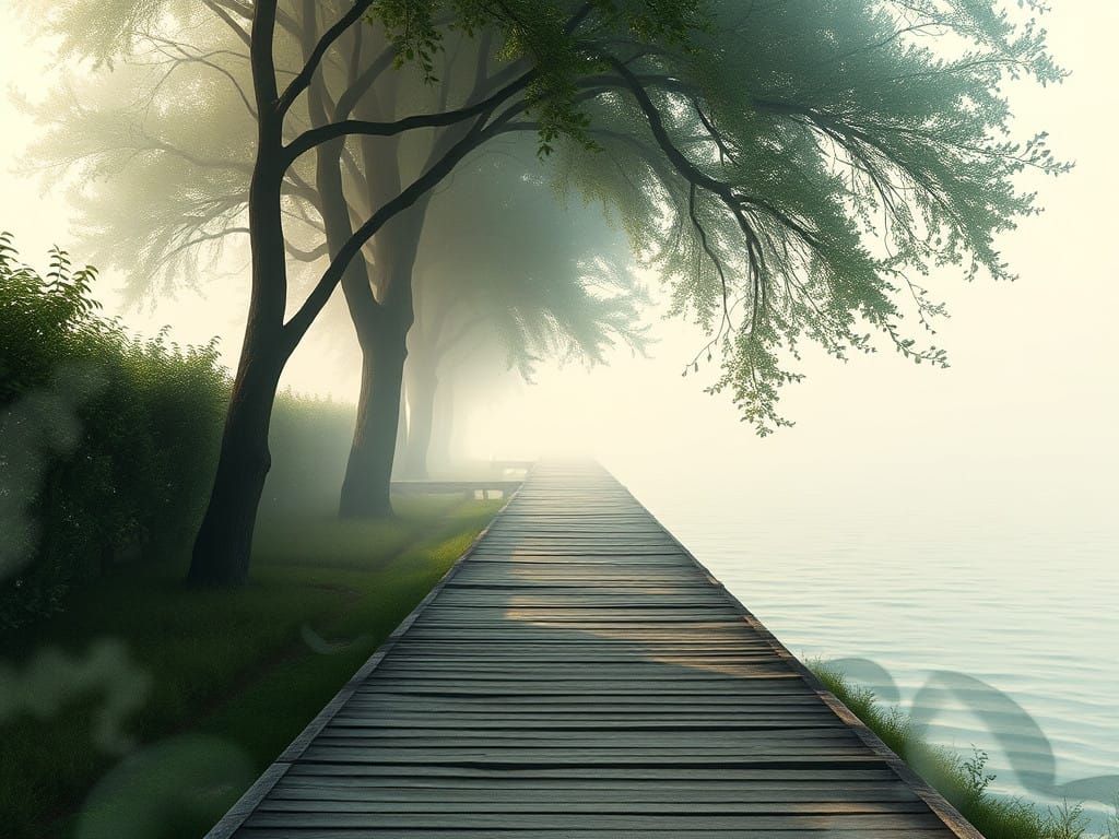 Surreal Woodland Lake Scene in Dreamy Watercolor Style