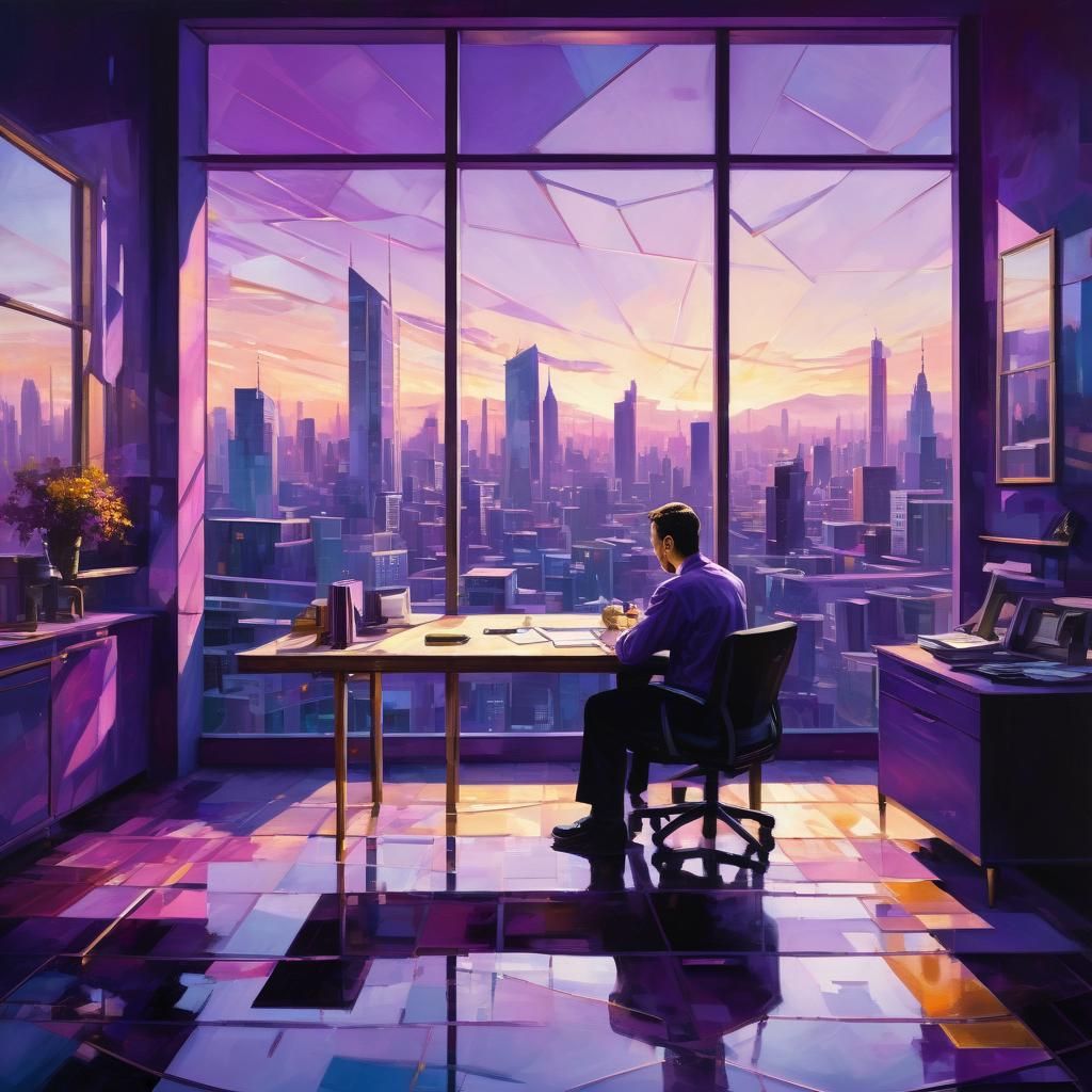 Surreal Purple Cityscape in Dreamlike Oil Painting