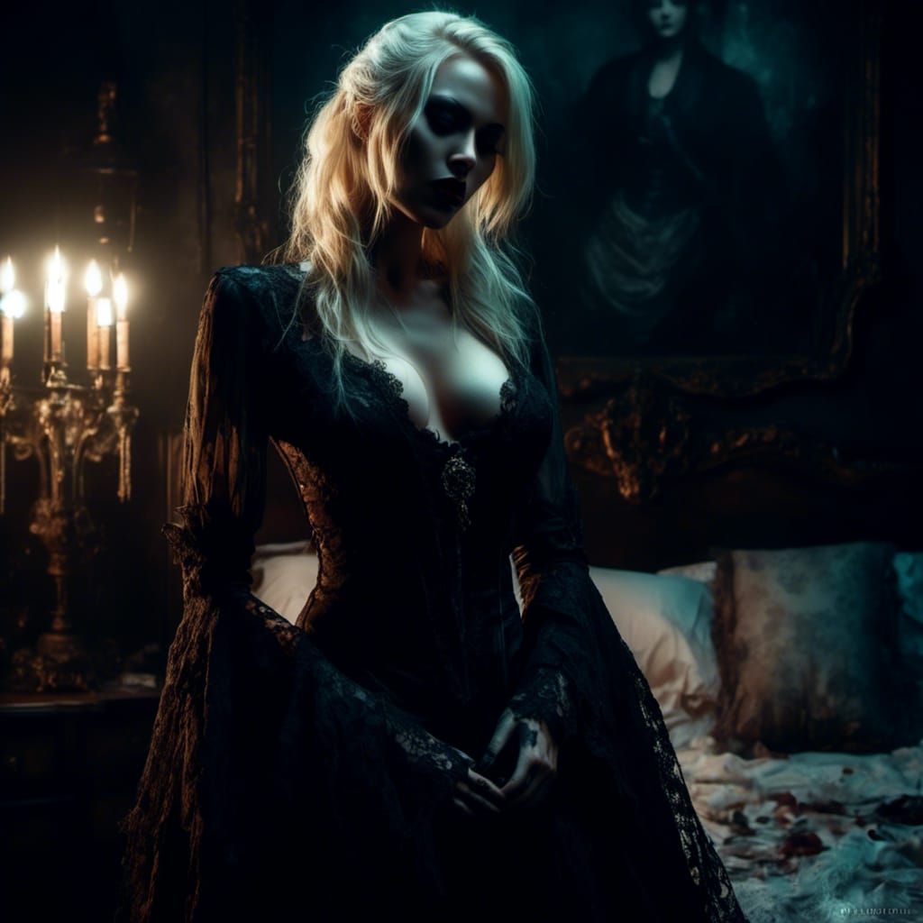 Macabre Gothic Vampire in Noir Oil Painting