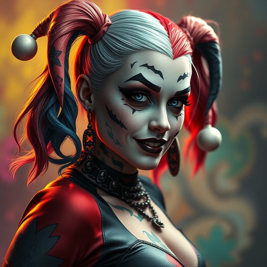 Harley Quinn Portrait with Tribal Tattoos in Hyperrealism St...