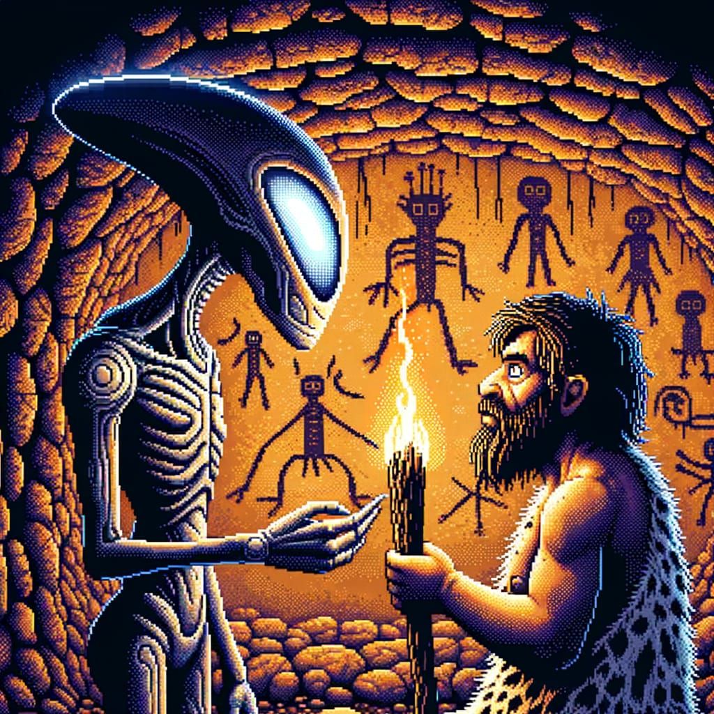 Alien Encounter in Prehistoric Cave: 8-bit Pixel Art