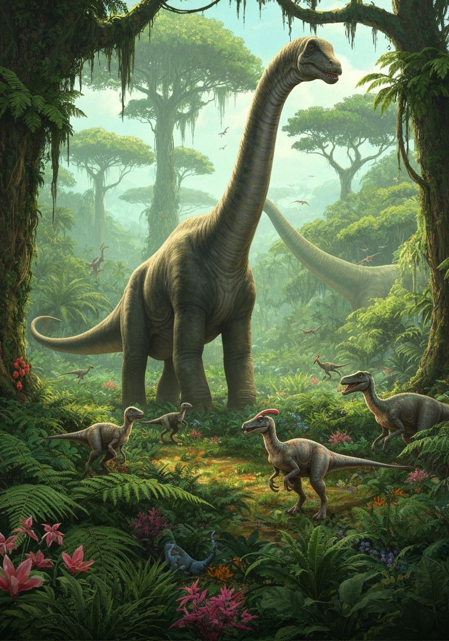 Brachiosaurus in a Vibrant Jurassic Jungle: Neo-Impressionis...