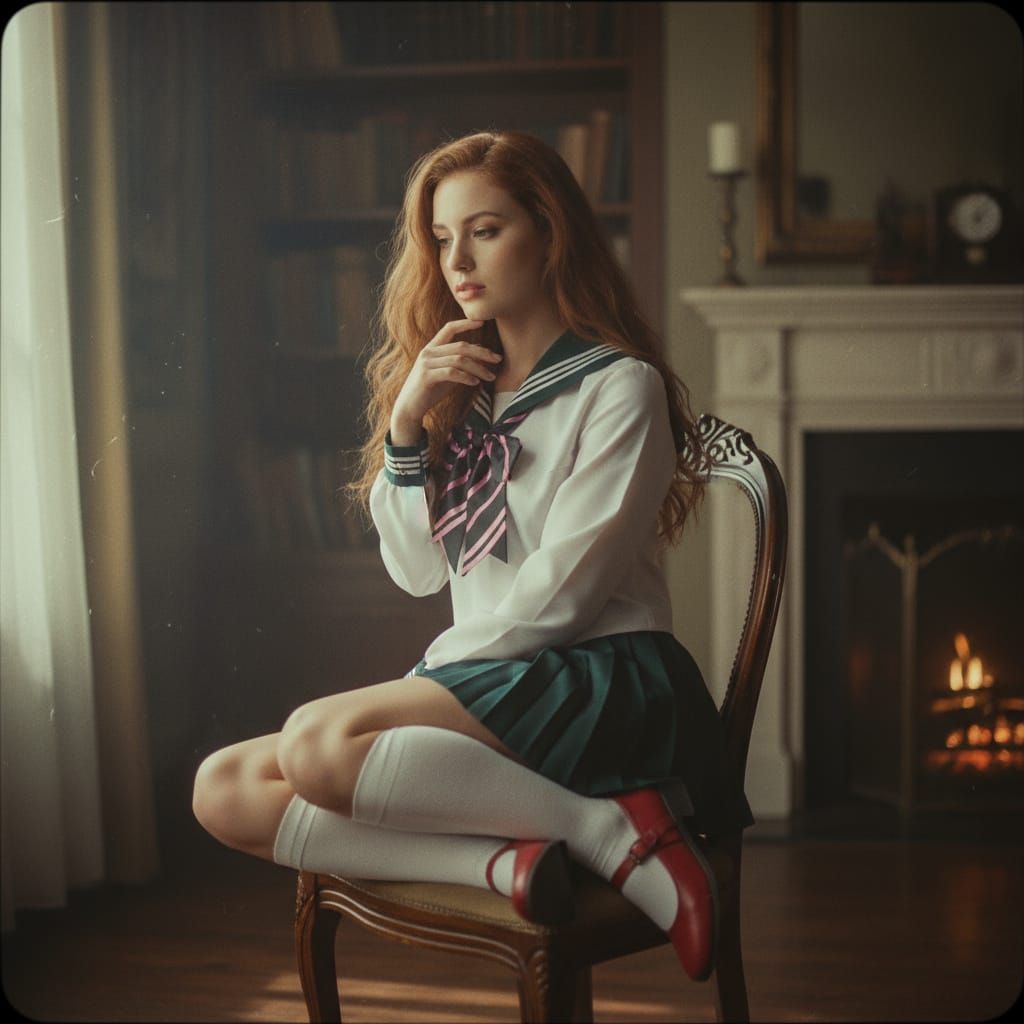 Thoughtful Young Woman in Sailor Uniform Sitting on Chair