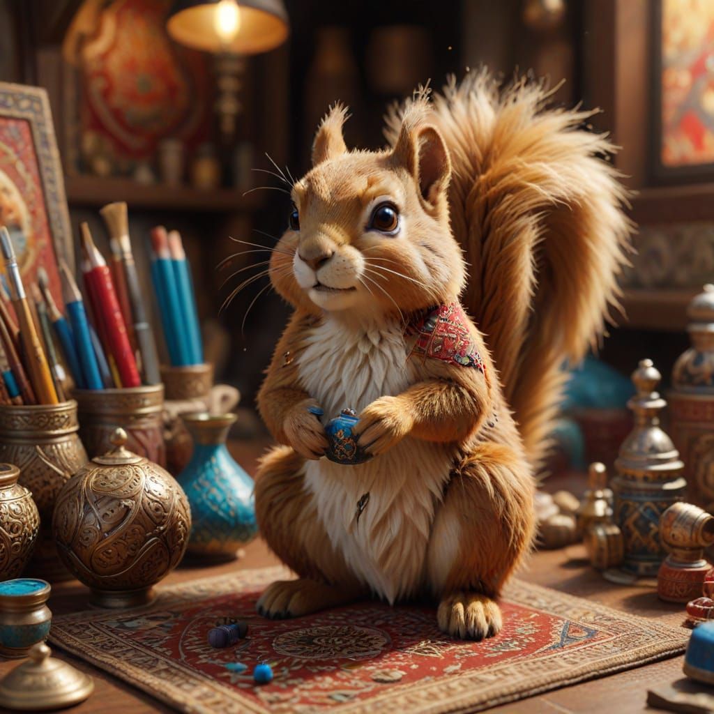 Squirrel Artist in Aardman-Inspired Persian Miniature