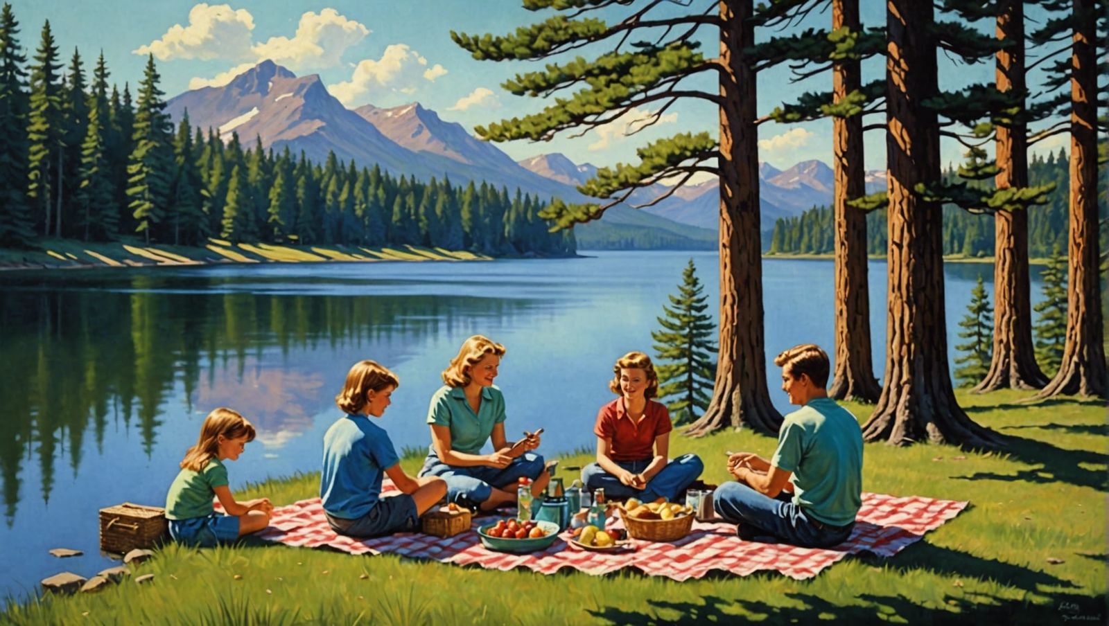 Retro Art Nouveau Picnic by Lake